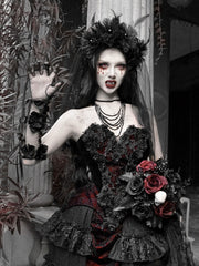 Floral Embellished Black Sheer Gloves with Ribbon Ties