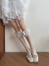 White/Black Lolita Bow Wide Lace Calf Socks with Striped Strappy Pattern