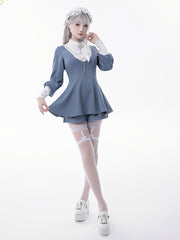 Jirai Kei Nun Style Coord Set: Light Blue Top with Leg-of-Mutton Sleeves, Shorts , Ornate Brooch & Cross Chain
