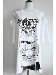 White Jirai Kei Cartoon Girl Print Round Neck T-shirt