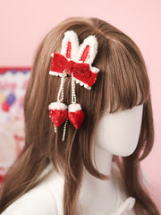 Sweet Lolita Plush Bunny Ear Velvet Bowknot Strawberry Hairclip