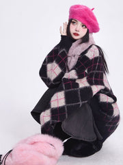 Vintage Black V-Neck Cardigan Faux Mink Knit/Brushed Version & Diamond Pattern