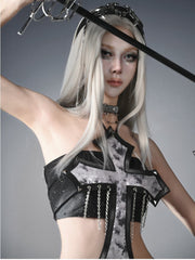 Y3K Fashion Silver Cyberpunk Cross Choker with Beaded Chains