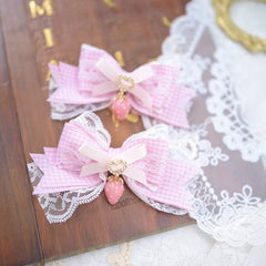 Four Colors Jirai Kei Plaid Bowknot Hairclips with Strawberry Charm
