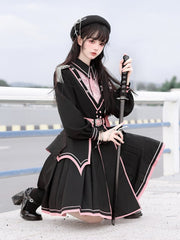 Black and Pink V-neck Ruffled Military Lolita Dress with Belt Design and Buttons Details
