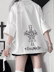 White Punk Short-Sleeve Shirt with Studded Collar & Asymmetrical Hem
