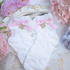 white Jirai Kei Ruffled Cuff Socks with Four Colors Strawberry Print and Bowknot