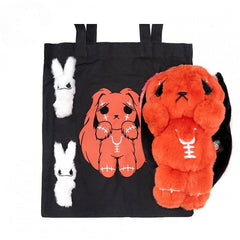 Tangerine Orange Guro Kawaii Anxious Bunny Plush with Two Little Bunny Plushies & A Canvas Bag