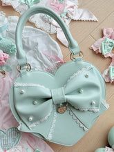 Sweet Mint Lolita Heart-Shaped Bag with Crystal Bead Embellished Bow & Scalloped Hem