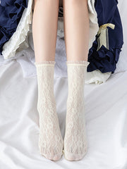 White/Milk White/Black Hollowed-out Ruffled Cuff Calf Socks