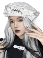 White Goth Metal Fish Bone Bows Beret