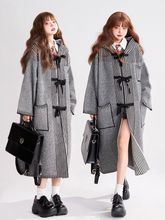 Vintage Preppy Gray Striped Hooded Cardigan Coat with Tie-Front Bow Closure