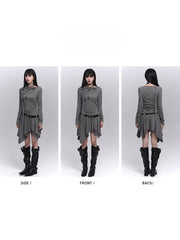 Light Gray Gothic Graffiti Off-Shoulder Dress with Handkerchief Hem & Neck Strap