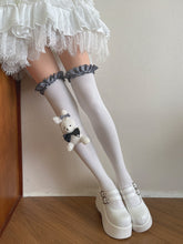White Overknee Stockings with Black and White Plaided Ruffle Trim/Plush Rabbit Leg Loop