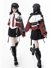 White & Red Moto-Inspired Cropped Zipper Jacket with Embroidered Applique Accents