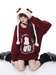 Wine Red Bishop Sleeve Sweater with White Bow-Adorned Rabbit Graphic & Neck Strap