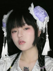 Purple Chinoiserie Style Tassels Lace Trim Hairclips