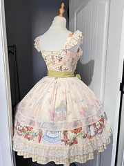 Yellow Bunny and Sunflower Print Sweet Lolita JSK Dress with Overlay and Plaid Hem