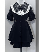 Black Sweet Jirai Kei Full Set - Lace Collar Puff Sleeves Dress + Ruffle Trim Shorts + Bow Tie