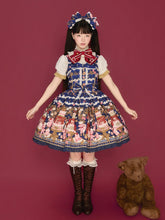 Dark Blue Cake and Bear Print Sweet Lolita JSK Dress with Lace Trim and Bow Details