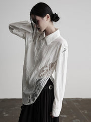 Urban Goth White Hollow-Out Split Design Long-Sleeve Shirt