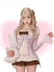 Purple Ruffled Knit Cardigan with Long Sleeves