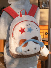 White&Red Plush Letter And Star Embroidery Backpack With A Detachable Kitty Plushie