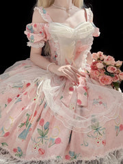 Tulip Print Pink Off-Shoulder Elegant Lolita Dress with Drawsting Tulle Overlay