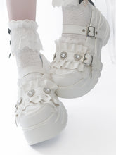 White Bittersweet Rhinestone Heart Details Cross Charm Ruffles Trim Platforms