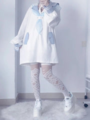 Jirai Kei White Long Top with Blue Sailor Collar & Cross Halter Neck