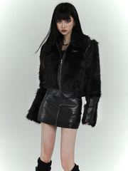 Black Zip Closure Shaggy PU Jacket
