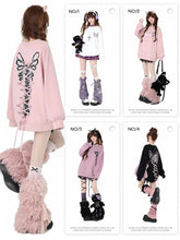 Pink Butterfly Print Lace-up Detail Loose Sweet Bowknots Sweatshirt