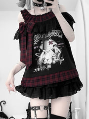 Yami Kawaii Angel Kitten Print Off-the-shoulder Neckline Black and Red Plaid T-Shirt