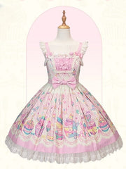 Pink & White Flutter Sleeves Sweet Lolita JSK Dress with Cupcake Prints and Lace Trim