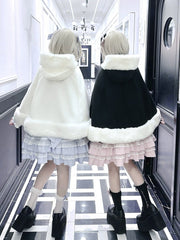 Jirai Kei Plush Trimmed Hooded Cape with Sweetheart Applique & Bow Accents in White & Blue / Black & Pink
