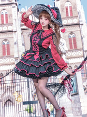 Wine Red Cross Embroidered Pointed Collar Blouse with Lace Shoulders