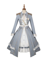 Blue & White Military Lolita Dress with Ruffled Hem and Gold-tone Buttons
