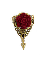Handmade Wine Red Rose Decorated Steampunk Bronze Gear Brooch