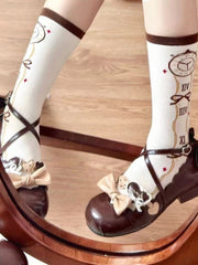 Brown Clock Print Alice In Wonderland Vibes Lolita Calf Socks