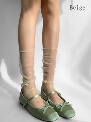 White/Pink/Gray/Beige Bowknot Details Sheer Loose Calf Socks
