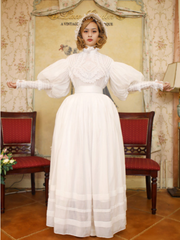 White Leg-of-Mutton Sleeves Vintage Lace Blouse and White Skirt Long Version Set