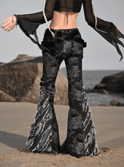 Straps Studs and Tassels Fringe Black Flared Jeans Dragon Pattern Coachella Outfits