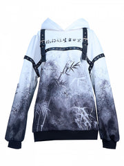 Sparse Shadow Bamboo Print Stud Decorated Detachable Buckle Hoodie