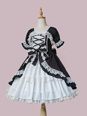 White and Black Bowknot Details Ruffle Neckline Short Sleeves One Piece