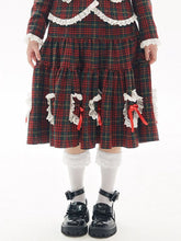 Lace Trim Sweethearts Bowknots Decorated Flounce Hem Wine Red Plaid Skirt