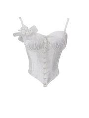 White Boned Corset Top with Underwire Cups Rosettes Brooch