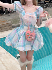 Rainbow Plaid Pattern Bubble Skirt Dress with Short Puff Sleeves