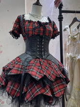 Red Plaid Lace Trim Top + Corset Belt + Handkerchief Hem Skirt Full Set Idol Dress