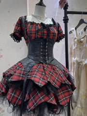 Red Plaid Lace Trim Top + Corset Belt + Handkerchief Hem Skirt Full Set Idol Dress