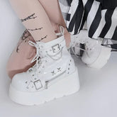 White Platform Ankle Boots Silver-toned Grommet Studs Buckle Straps Martens